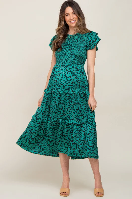 Green Print Smocked Ruffle Tiered Maternity Midi Dress Stretchy midi dresses