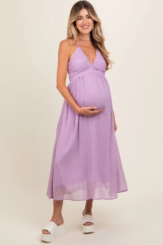 Lavender Ruched V-Neck Maternity Midi Dress Spring midi dresses