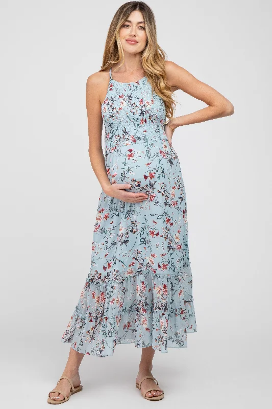 Light Blue Floral Chiffon Smocked Maternity Midi Dress Vintage midi dresses