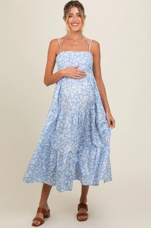 Light Blue Floral Cutout Tie Back Maternity Midi Dress Best midi dresses for curvy figures