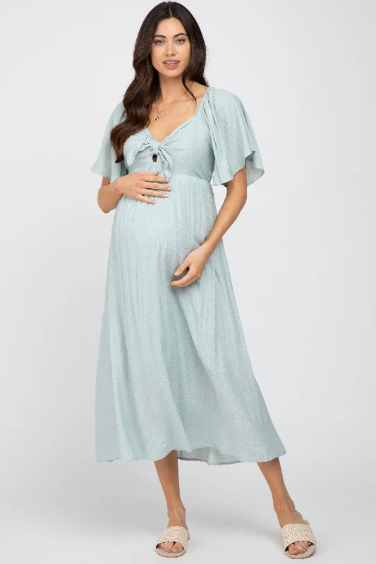 Light Blue Front Tie Ruffle Sleeve Maternity Midi Dress Hot new arrivals in midi dresses