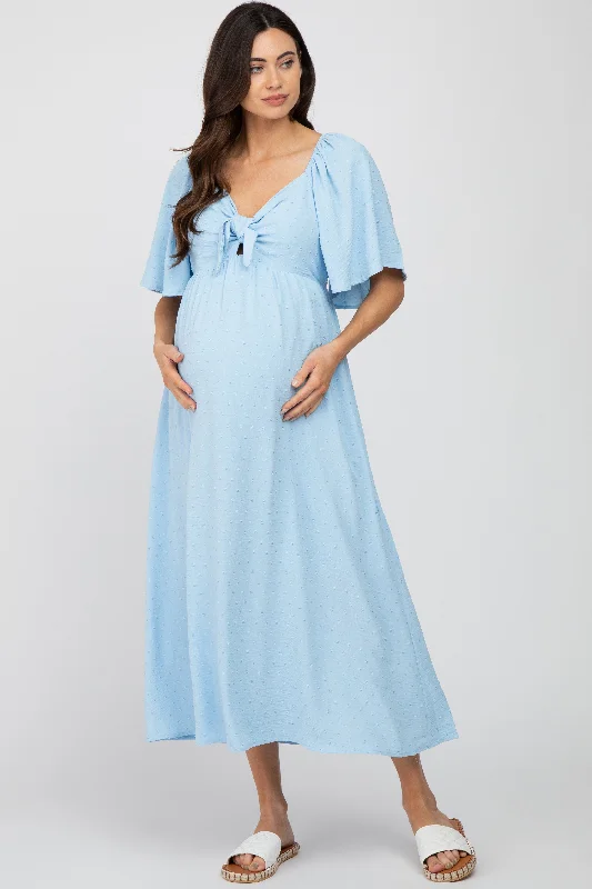 Light Blue Textured Dot Front Tie Ruffle Sleeve Maternity Midi Dress Silk midi dresses