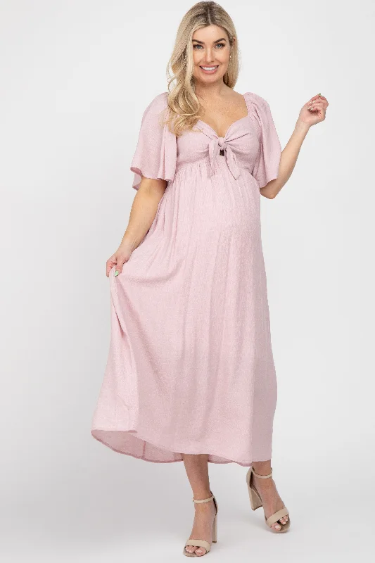 Light Pink Front Tie Ruffle Sleeve Maternity Midi Dress Women's trendy midi dresses sale