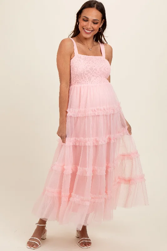 Light Pink Smocked Ruffle Tiered Tulle Maternity Midi Dress Stretchy midi dresses