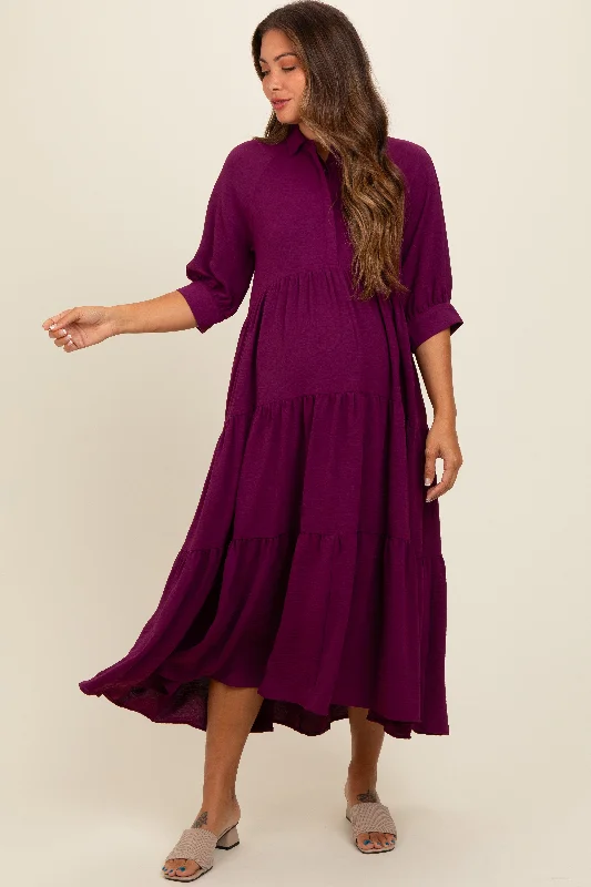 Magenta Collared Button Up Tiered Maternity Midi Dress Casual midi dresses