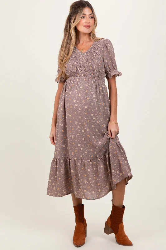 Mauve Floral Print Smocked Ruffle Hem Maternity Midi Dress Holiday midi dresses