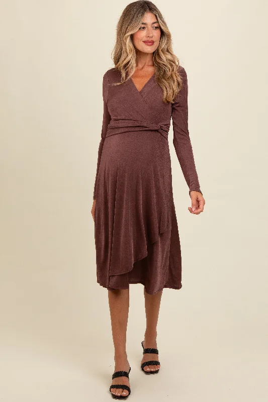 Mauve Metallic Twist Detail Wrap Maternity Midi Dress Best midi dresses for hourglass body shape