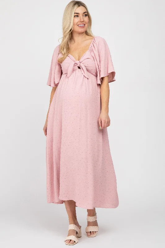 Mauve Textured Dot Front Tie Ruffle Sleeve Maternity Midi Dress Fashion-forward midi dresses