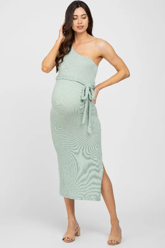 Mint Green Ribbed One Shoulder Side Slit Maternity Midi Dress Best value midi dresses