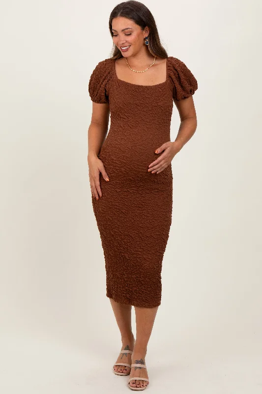 Mocha Textured Square Neck Puff Sleeve Maternity Midi Dress Expensive midi dresses