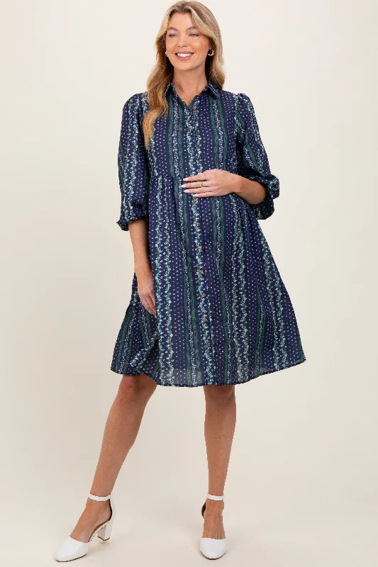 Navy Floral Striped Button Down Maternity Midi Dress Revolve midi dresses