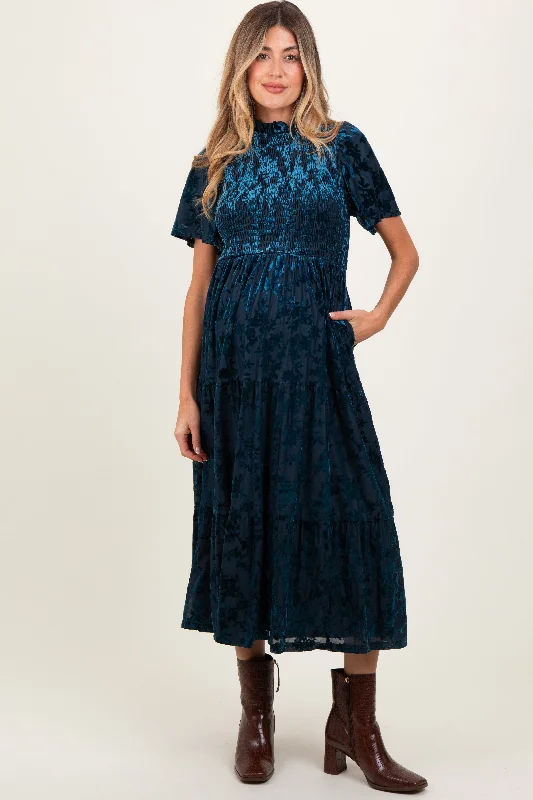 Navy Floral Velvet Print Smocked Maternity Midi Dress Best value midi dresses