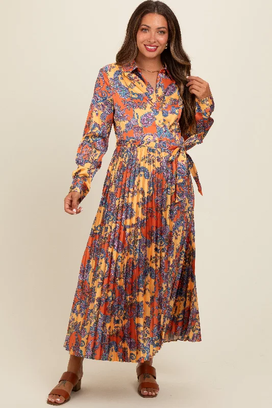 Orange Paisley Print Pleated Button Down Maternity Midi Dress Street style midi dresses