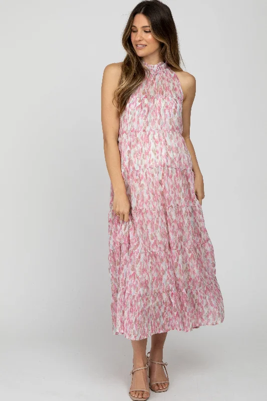 Pink Printed Sleeveless Tiered Maternity Midi Dress Best midi dresses for formal events