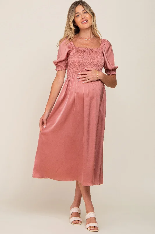 Pink Satin Puff Sleeve Maternity Midi Dress Office midi dresses