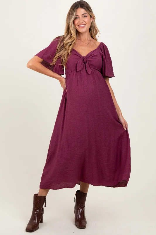 Plum Front Tie Ruffle Sleeve Maternity Midi Dress Hot new arrivals in midi dresses