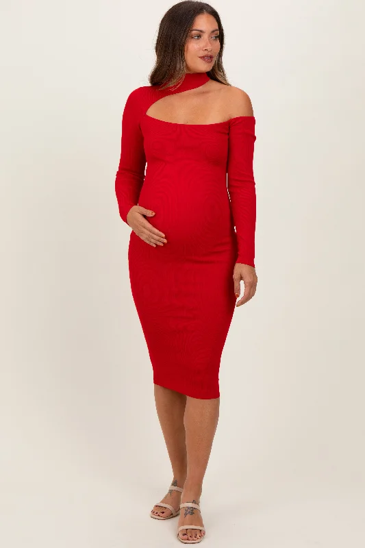 Red Mock Neck Cutout Maternity Fitted Midi Dress Versatile midi dresses for all occasions