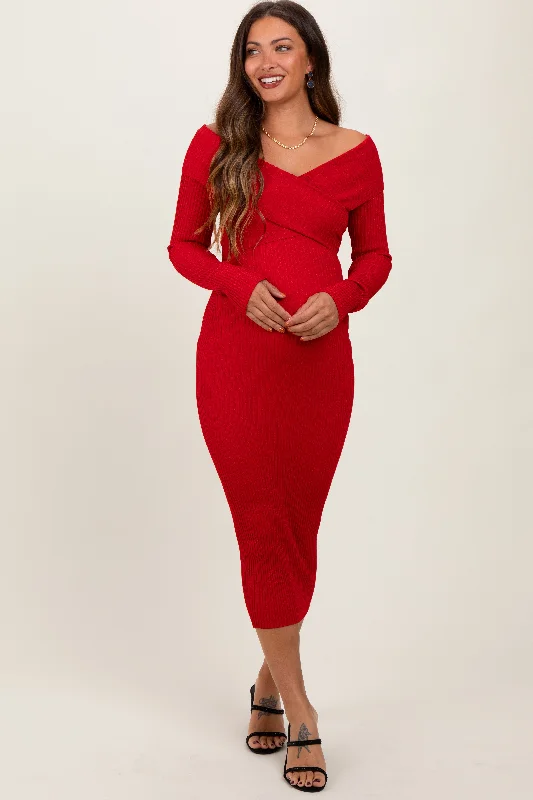 Red Ribbed Crossover Off Shoulder Maternity Midi Dress Wedding guest midi dresses