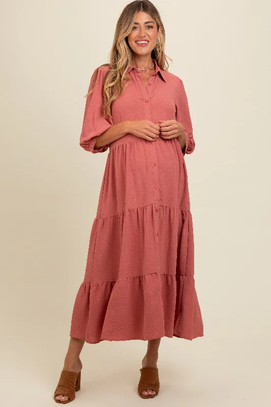 Salmon Tiered Button Down Maternity Midi Dress Fall midi dresses