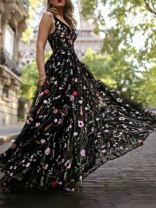 Slim Deep V Neck Sleeveless Embroidered Long Dress Birthday maxi dresses