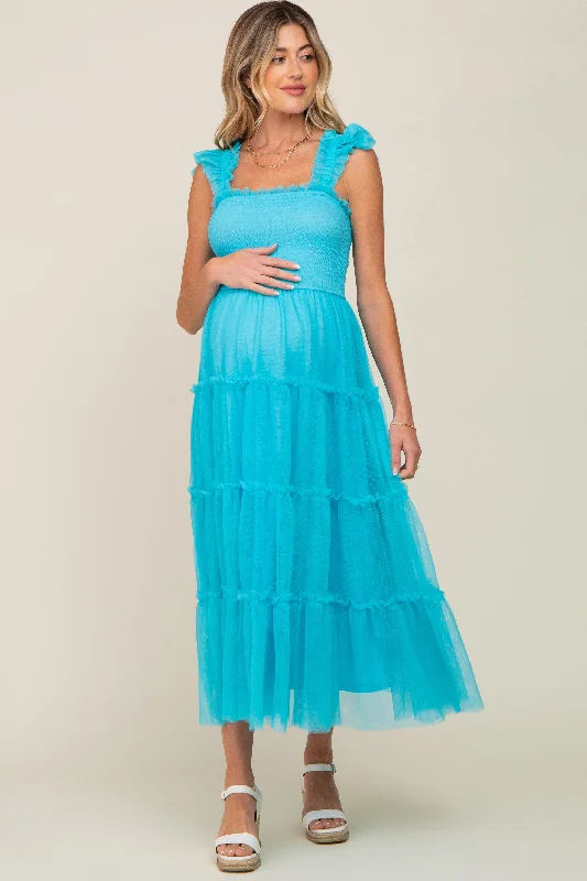 Turquoise Smocked Mesh Ruffle Accent Maternity Midi Dress Comfortable midi dresses for everyday wear