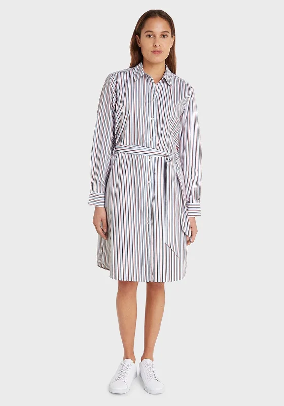 Tommy Hilfiger Womens Striped Mini Shirt Dress, White Multi Tie Waist Mini Skirt