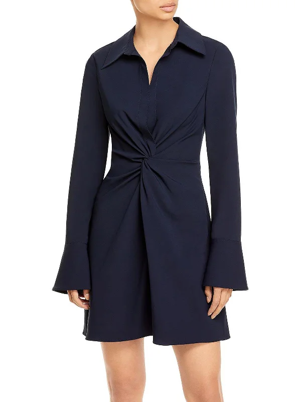 Womens Knot-Front Mini Shirtdress Lace Detail Mini Skirt