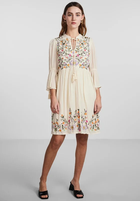 Y.A.S Chella Embroidered Mini Smock Dress, Birch Mini Skirt with Pockets