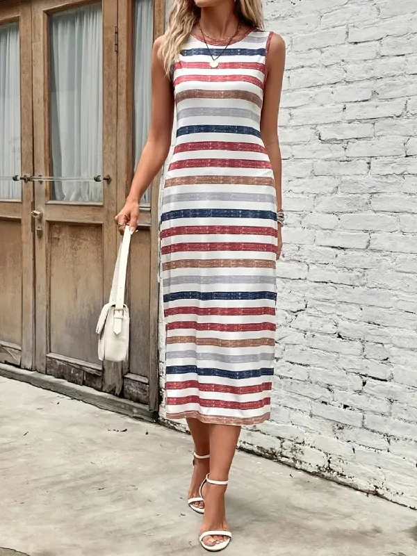 Slit Striped Round Neck Tank Dress Fashion Tank Dress