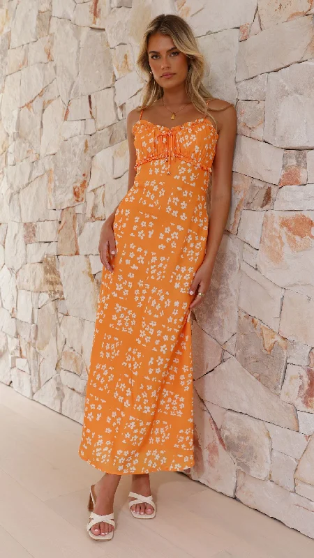 Farna Midi Dress - Orange Floral Midi Skirt Trendy