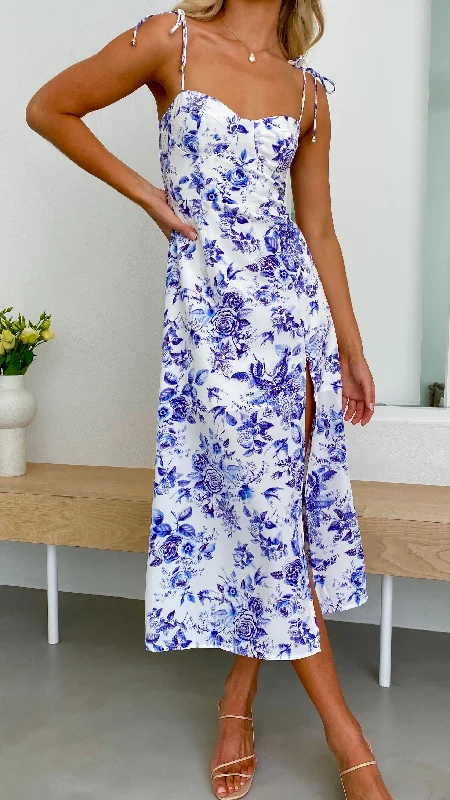 Laury Midi Dress - Blue Floral Polka Dot Midi