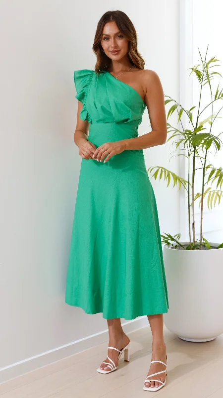 Stassie Midi Dress - Green Embroidered Midi Skirt