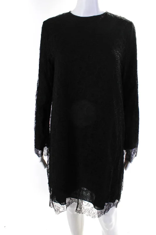 Balenciaga Womens Back Zip Crew Neck Lace Overlay Dress Black Lace Shift Dress