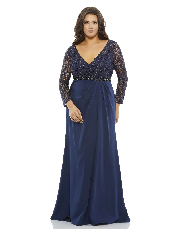 Lace Illusion Long Sleeve V-Neck Draped Gown (Plus) Simple Lace Gown