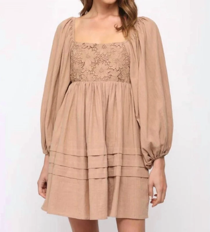 Lace Puff Sleeve Dress In Light Brown Long Sleeve Lace Dress