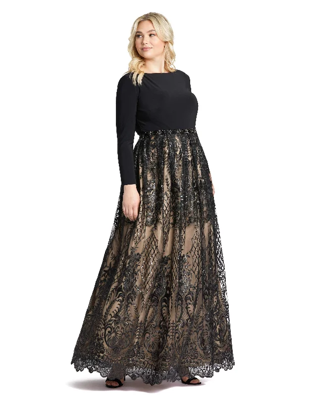 Long Sleeve High Neck Lace A Line Gown Lace Dress with Belt