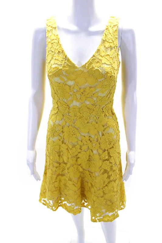 ML Monique Lhuillier Womens Yellow Lace Sleeveless Dress Yellow Tiered Lace Dress