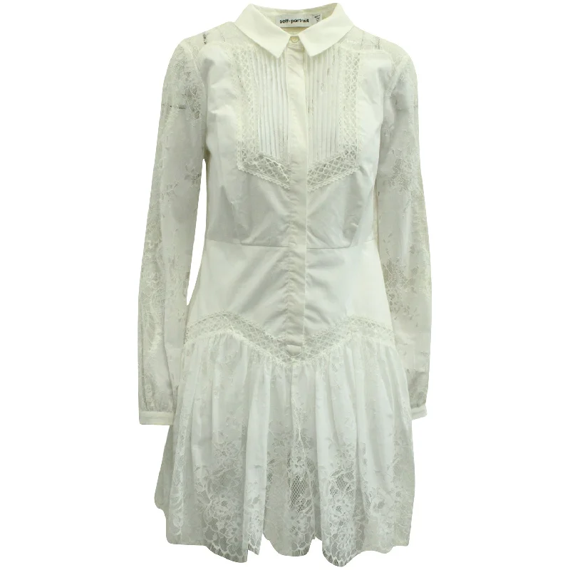 Self Portrait Lace Trimmed Dress in White Cotton Lace Dress Glow