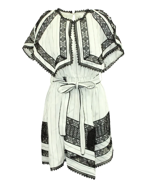 Self-Portrait Monochrome Striped Handkerchief Dress with Lace in White Polyester Lace Dress for Weddings