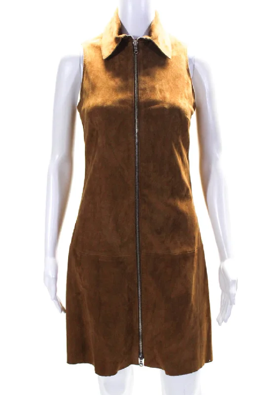 Sharis Place Womens Lexwe Sleeveless Front Zip Suede Sheath Dress Brown Lace Dress Formal