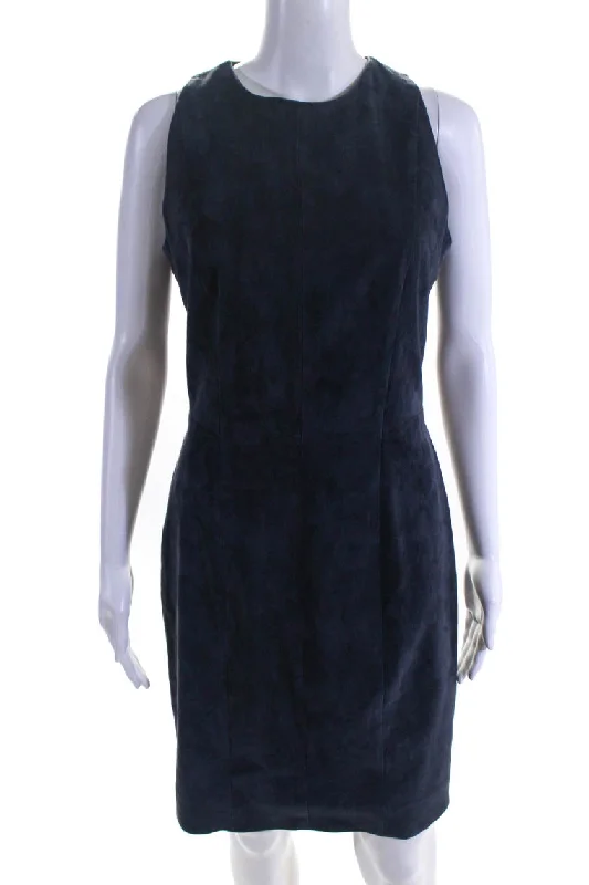 Sharis Place Womens Lexwe Sleeveless Suede Sheath Dress Navy Blue Lace Gown Glam