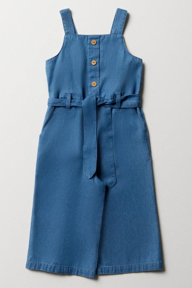 Belted Strappy Denim Jumpsuit Blue Belted Denim Skirt