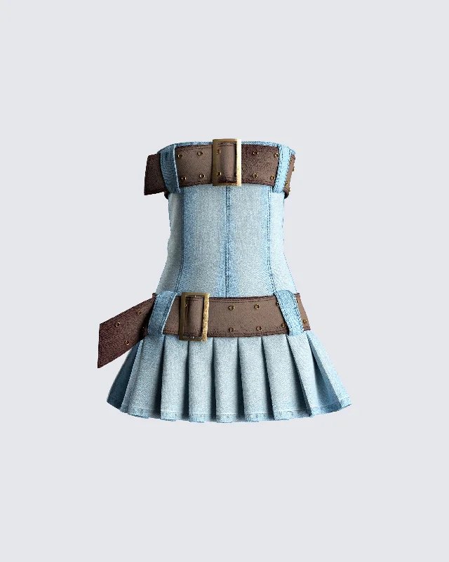 Cambry Blue Pleated Denim Dress Button-up Denim Skirt