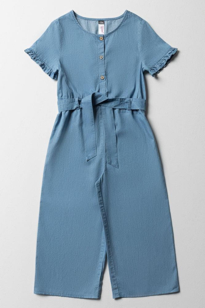 Denim Belted Jumpsuit With Frill Sleeves Blue Black Denim Skirt