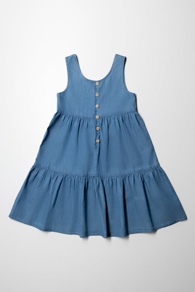 Denim Strappy Tiered Dress With Buttons Lt Wash Skater Denim Skirt