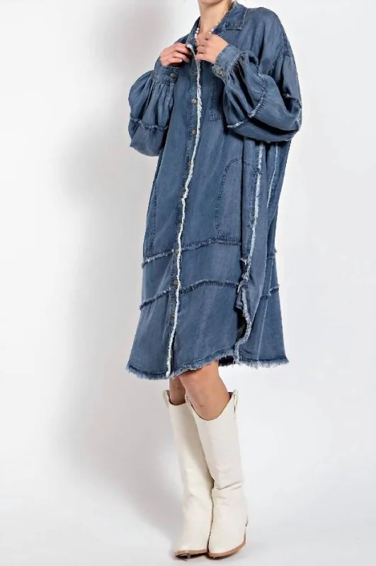 Harlow Denim Dress In Washed Chambray Patchwork Denim Skirt