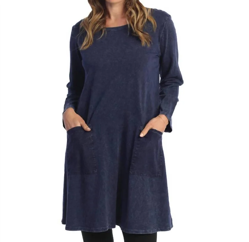 Mineral French Terry Long Sleeve Dress In Denim Stretchy Denim Skirt